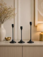 Modern Matte Black Metal Taper Candle Holder Set – Minimalist Decorative Candle Stand (Set of 3)
