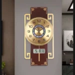 Luxury analog and digital wall clock with golden dial and temperature display