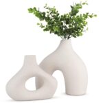 White Ceramic Vases - Round Matte Donut Design for Pampas Grass and Flowers (Set of 2)