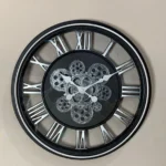 18 Inch Large Silver & Black Wall Clock | With Gears Movement Roman Number