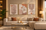 Set Of 3 Modern Abstract Art Beige Design